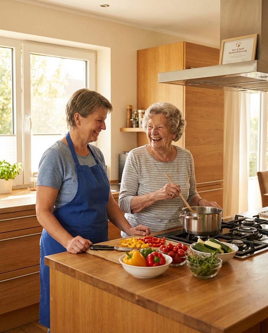 Seniorin und Alltagsbegleiterin bereiten gemeinsam eine Mahlzeit zu
