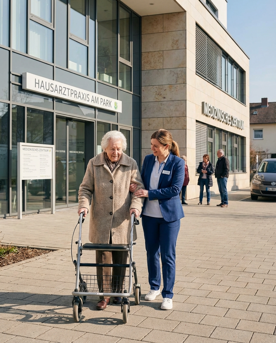 Alltagsbegleiterin begleitet eine Seniorin zu einem Termin